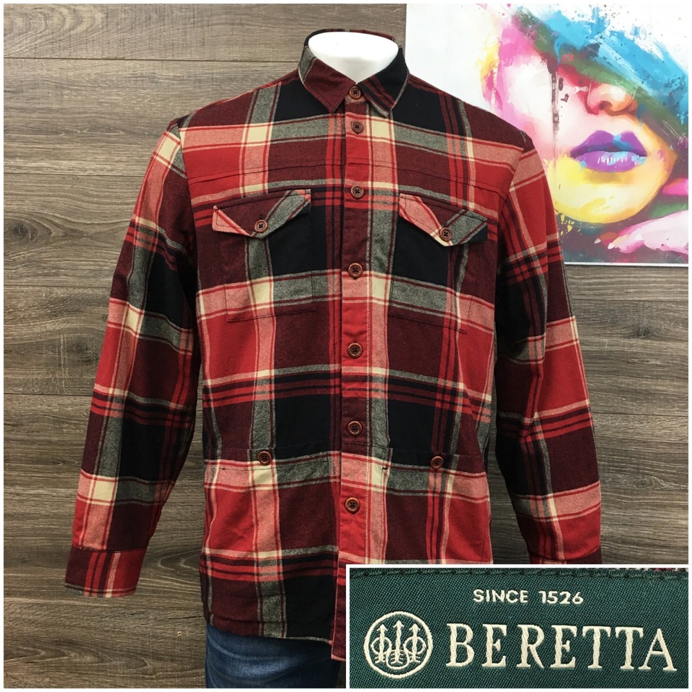 Beretta Mens Wool Blend Plaid Flannel Shirt Jacket‎ Shaket Red Black Large